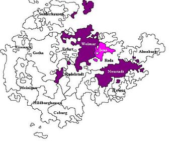      Saxe-Weimar، تظهر ضمن الدوقيات الإرنستية الأخرى و      زاكسه-ينا, joined to Saxe-Weimar in 1690