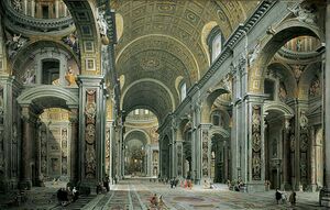 A painting of the interior of the vast building with arcades, and a coffered ceiling