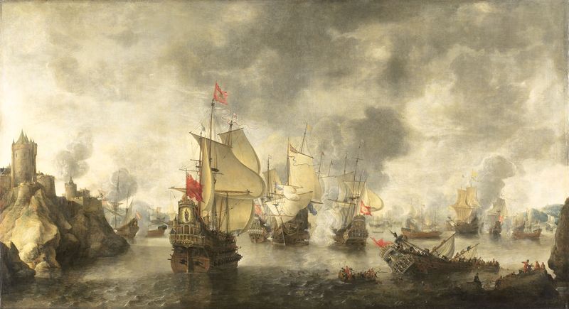 ملف:Battle of the combined Venetian and Dutch fleets against the Turks in the Bay of Foja 1649 (Abraham Beerstratenm, 1656).jpg