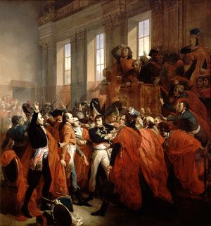 Bonaparte in a simple general uniform in the middle of a scrum of red-robbed members of the Council of Five Hundred
