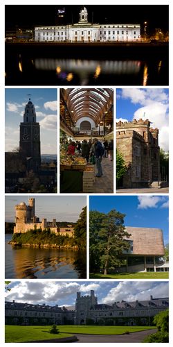 From top, left to right: City Hall at night, Shandon Steeple, the English Market, City Gaol, Blackrock Castle, Lewis Glucksman Gallery, Main Quadrangle in UCC.