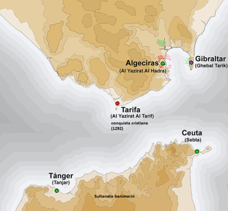Map of the Strait of Gibraltar, with dots at Tarifa, Algeciras, Gibraltar, Tangiers, and Ceuta