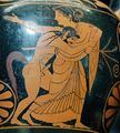 Detail of a red-figure amphora depicting a satyr assaulting a maenad, by Pamphaios (potter) and Oltos (painter), circa 520 BC, Louvre.