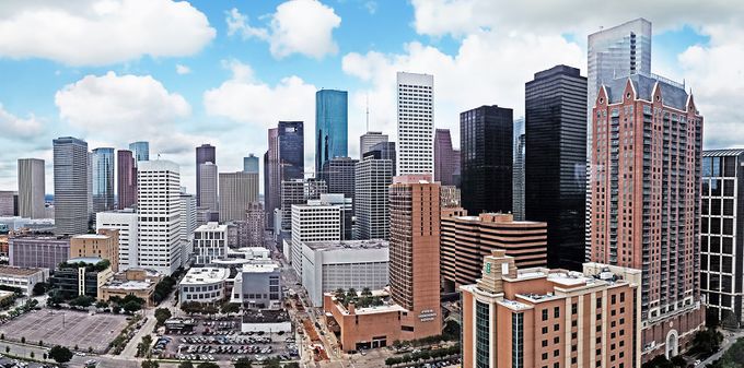 Downtown Houston, located in Harris County, Texas, the third-most populous county in the United States.