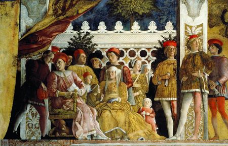 Fresco. A close-up view of richly-dressed middle-aged couple seated on a terrace with their family, servants and hound. The man discusses a letter with his steward. A little girl seeks her mother's attention. The older sons stand behind the parents. The space is restricted and crowded in a formal manner, but the figures are interacting naturally.