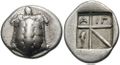 Drachm of Aegina with tortoise and stamp, after 404 BC.