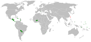 A map of the world showing قالب:ROCrecognition highlighted countries. فقط بضعة دول صغيرة تعترف بجمهورية الصين، ومعظمهم في أمريكا الوسطى والجنوبية وأيضاً أفريقيا.