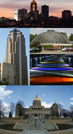 Clockwise from top: 801 Grand (Principal Financial Group), Des Moines Botanical Center, Kruidenier Trail bridge, and the Iowa State Capitol