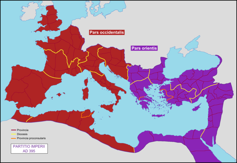 ملف:Partition of the Roman Empire in 395 AD.png