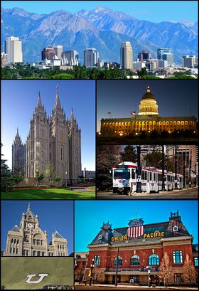 Clockwise from top: The skyline in July 2011, Utah State Capitol, TRAX, Union Pacific Depot, the Block U, the City and County Building, and the Salt Lake Temple