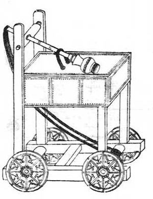 An ink on paper diagram of a trebuchet. A long arm with a spherical cap rests on top of a large square platform. The square platform is supported by four plain cut square beams, which connect to an open undercarriage. Rope hangs between the end of the pole that does not have the cap to the inside of the undercarriage, as far away from the start of the rope as possible. The assembly moves on four wheels attached to the sides of the undercarriage.