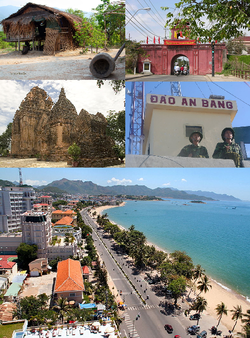 من أعلى لأسفل، من اليسار: عرق راگلاي، پو نگر؛ قلعة دين كان، جزيرة آن بانگ؛ ساحل نا ترانگ