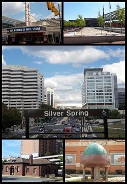 Clockwise from top: AFI Silver، Veteran's Plaza and the civic building، Downtown Silver Spring from the Metro station، Acorn Park، Baltimore and Ohio Railroad Station