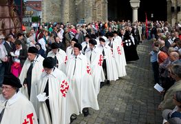 Procession in honour of Saint Liborius of Le Mans with Knights of the Holy Sepulchre together with Teutonic Knights in Paderborn, Germany.