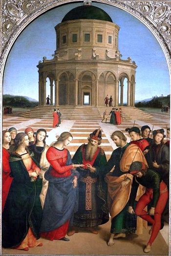 Oil painting. A Jewish Priest stands centrally to join the hands of the Virgin Mary who approaches from the left, followed by maidens and St. Joseph who stands to the right. Behind Joseph are young men who have been unsuccessful in winning Mary's hand. Joseph carries a flowering branch. Behind them is an open square and circular temple, in perspective.