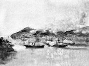 The USS Wyoming battling in the Shimonoseki Straits against the Choshu steam warships Daniel Webster (six guns), the brig Lanrick (Kosei, with ten guns), and the steamer Lancefield (Koshin, of four guns)