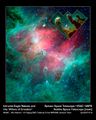 صورة التقها مرصد سپتسر الفضائي للأشعة تحت الحمراء : الأحمر سحب غبارية ساخنة ناتجة عن مستعر أعظم. المقطع في الصورة يبين صورة أبراج التخليق التي التقطها تلسكوب هابل.