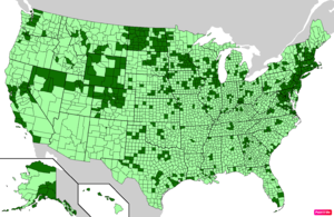 Counties in the United States by median family household income according to the U.S. Census Bureau American Community Survey 2013–2017 5-Year Estimates.[152] Counties with median family household incomes higher than the United States as a whole are in full green.