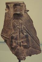 Prisoner of the Akkadian Empire, nude, fettered, drawn by nose ring, with pointed beard and vertical braid. Fragment of a vase possibly from Warka, ancient Uruk. Thought to depict a typical Marhasi.[14] 2350-2000 BCE, Louvre Museum AO 5683.[15]