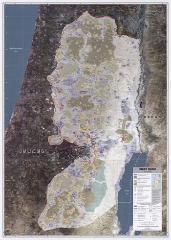 خريطة للضفة الغربية الواقعة تحت سلطة الإدارة المدنية (وضمنها روابط القرى). أنهت إسرائيل سلطتها على قطاع غزة في 2005.