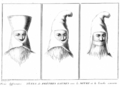 Three styles of a priest's hat with the mouth covered. Bernard Picart (1673–1733).