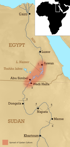 Upper Egypt- shows the spread of Qadan Culture along the Nile River (approx. 15,000 years ago)