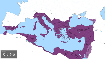 The Byzantine Empire at its greatest extent since the fall of the Western Roman Empire, under Justinian I in 565 AD.