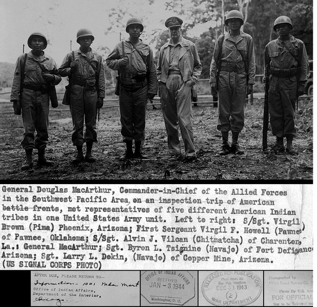 ملف:General douglas macarthur meets american indian troops wwii military pacific navajo pima island hopping.JPG