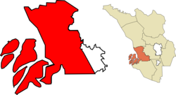 موقع المنطقة التابعة لمجلس بلدية كلاڠ (بالأحمر) في منطقة كلاڠ (بالبرتقالي)، وولاية سلانغور دار الإحسان (بالأصفر).