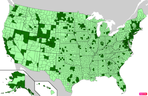 Counties in the United States by median nonfamily household income according to the U.S. Census Bureau American Community Survey 2013–2017 5-Year Estimates.[152] Counties with median nonfamily household incomes higher than the United States as a whole are in full green.