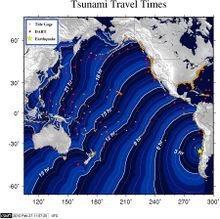 انتشار التسونامي كما توقعته NOAA (الساعة 0=06:34 گرينتش 27 فبراير)