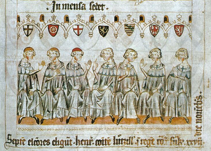Depiction of the 1341 gathering of prince-electors of the Holy Roman Empire, identified by their constituent states' coats of arms
