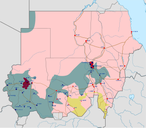 خريطة السودان، تظهر قوات الدعم السريع المسيطرة في غرب البلاد، والقوات المسلحة السودانية المسيطرة في الشرق، والوسط المنقسم بين الجانبين.