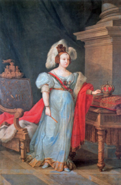 الملكة ماريا الثانية من البرتغال مرتدية ثوباً أزرق وقفاز مطرز بالخيوط الذهبية (1835).