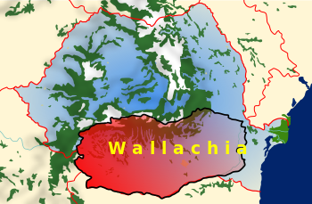 خريطة رومانيا، تظهر فيها ولاخيا بالأحمر
