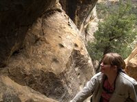 Photo of a modern visitor next to the hand holds used to reach the mesa top by the original inhabitants of Cliff Palace
