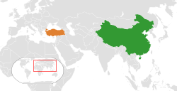 Map indicating locations of People's Republic of China and Turkey