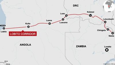 يمتد خط سكة حديد لوبيتو عبر أنغولا لمسافة تقارب 1300 كيلومتر، ثم يستمر 400 كيلومتر داخل جمهورية الكونغو الديمقراطية إلى كول‌وزي، قلب حزام النحاس.