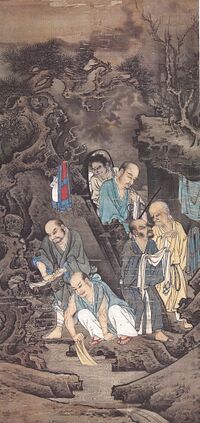 A portrait-oriented painting depicting six figures, five elderly, balding men, and one younger attendant, washing clothing on the edge of a river. The background is painted in dark colors while the figures are painted in white and light colors.