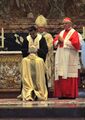Patriarch Rahi lays on his hands to father Maurizio Malvestiti during his episcopal ordination. Behind them, the cardinals Sandri and Müller, 11 October 2014.