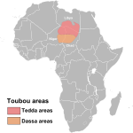 التوزيع التقريبي لشعب التبو (يسار). يتواجدون بالقرب من جبال تبستي في تشاد، خاصة في المطقة الشمالية والغربية منها.