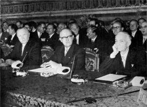 Walter Hallstein sitting between Konrad Adenauer and Antonio Segni