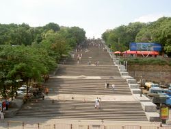 Potemkin Stairs in Odesa, Ukraine. The higher perspective allows a person to see both the stairs and landings.