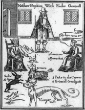 دليل إنجليزي عن مطاردة الساحرات (1647)، يُظهر ساحرة معها روح مألوفة.