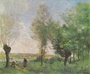 In the paintings of Jean-Baptiste-Camille Corot (1796–1875), the green of trees and nature became the central element of the painting, with the people secondary