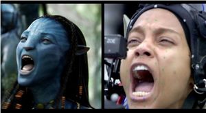 The left image shows the blue cat-like alien Neyitiri shouting. The right image shows the actress who portrays her, Zoe Saldana, with motion-capture dots across her face and a small camera in front of her eyes.