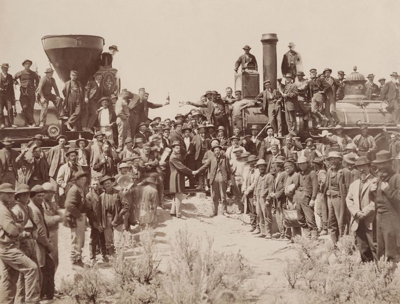 ملف:East and West Shaking hands at the laying of last rail Union Pacific Railroad - Restoration.jpg