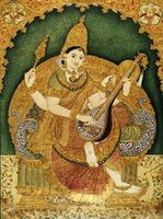 A picture from Mysore showing Saraswati holding a veena. Made in the 19th century, made by Durgada Krishnappa.