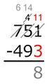 Working from right to left: 11 − 3 = 8