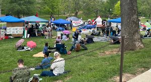 Pro-Palestinian protesters at an encampment at Dunn Meadow, a portion of Indiana University Bloomington, on April 29.